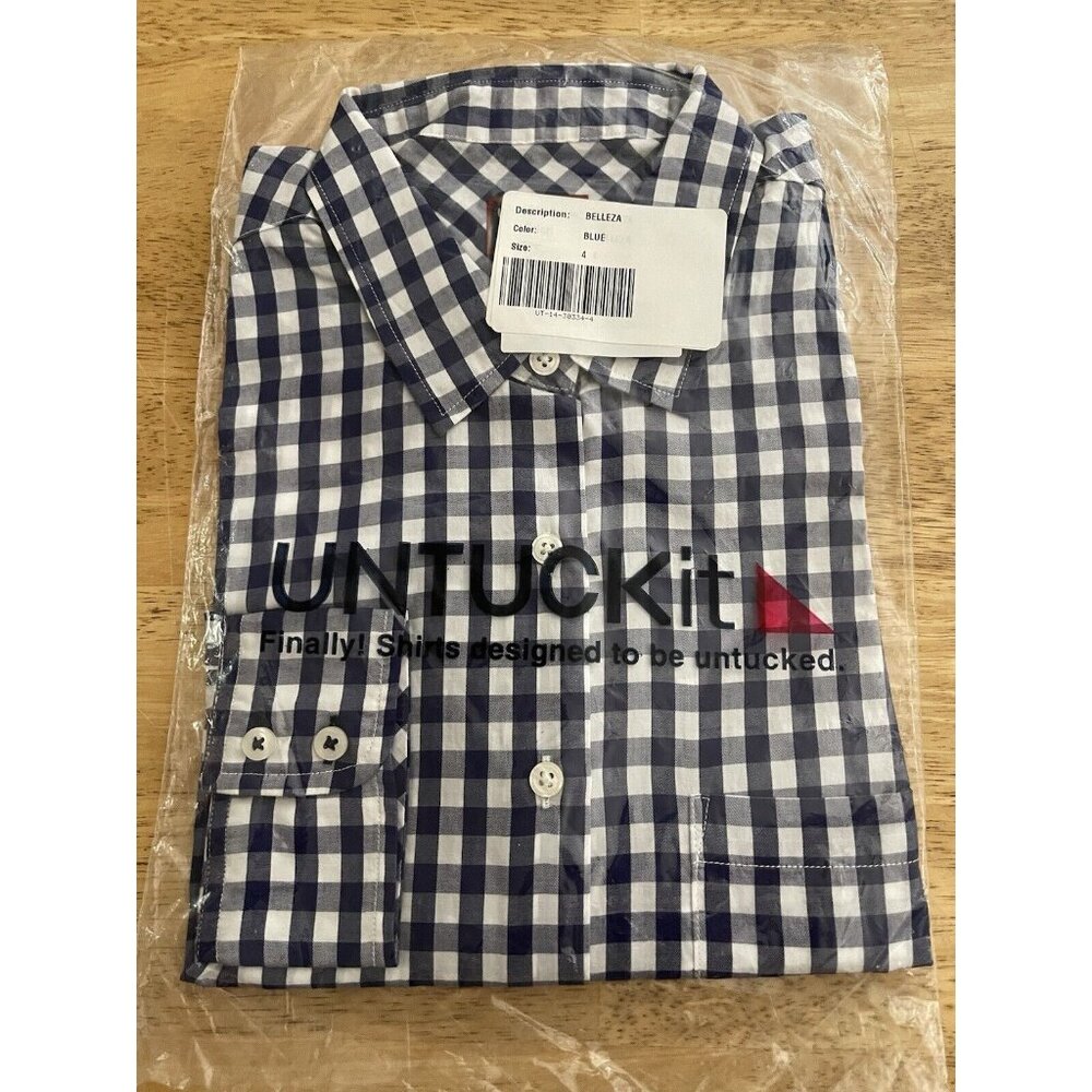 UNTUCKit Women's Belleza Button Up Long Sleeve Blue Gingham Plaid Shirt Size 4
